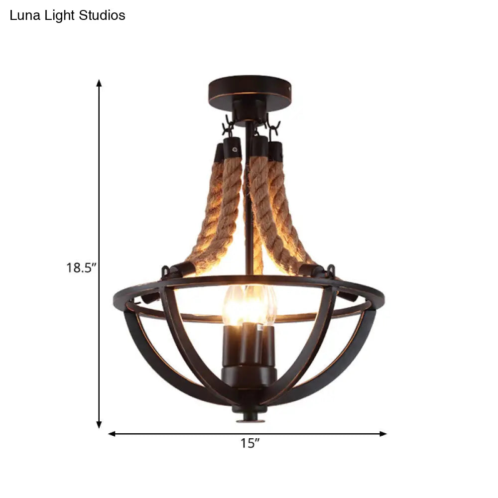 DecorBites™ DecorBites™ Farmhouse Iron Black Semi Flush Dome Cage Chandelier with 3-Bulb Ceiling Mount and Rope Cord