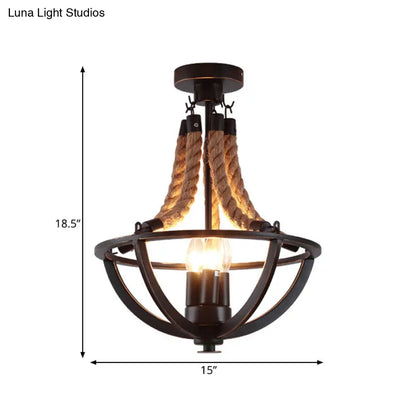 DecorBites™ DecorBites™ Farmhouse Iron Black Semi Flush Dome Cage Chandelier with 3-Bulb Ceiling Mount and Rope Cord
