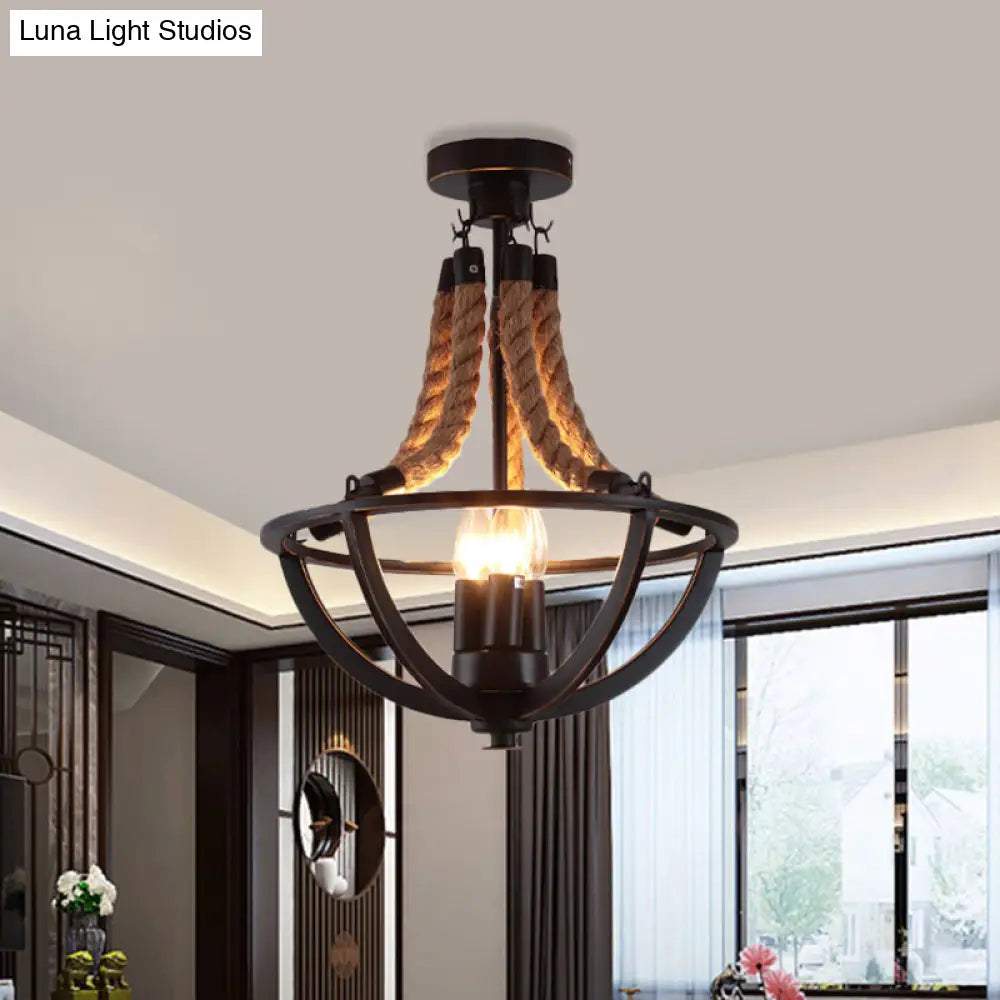 DecorBites™ DecorBites™ Farmhouse Iron Black Semi Flush Dome Cage Chandelier with 3-Bulb Ceiling Mount and Rope Cord