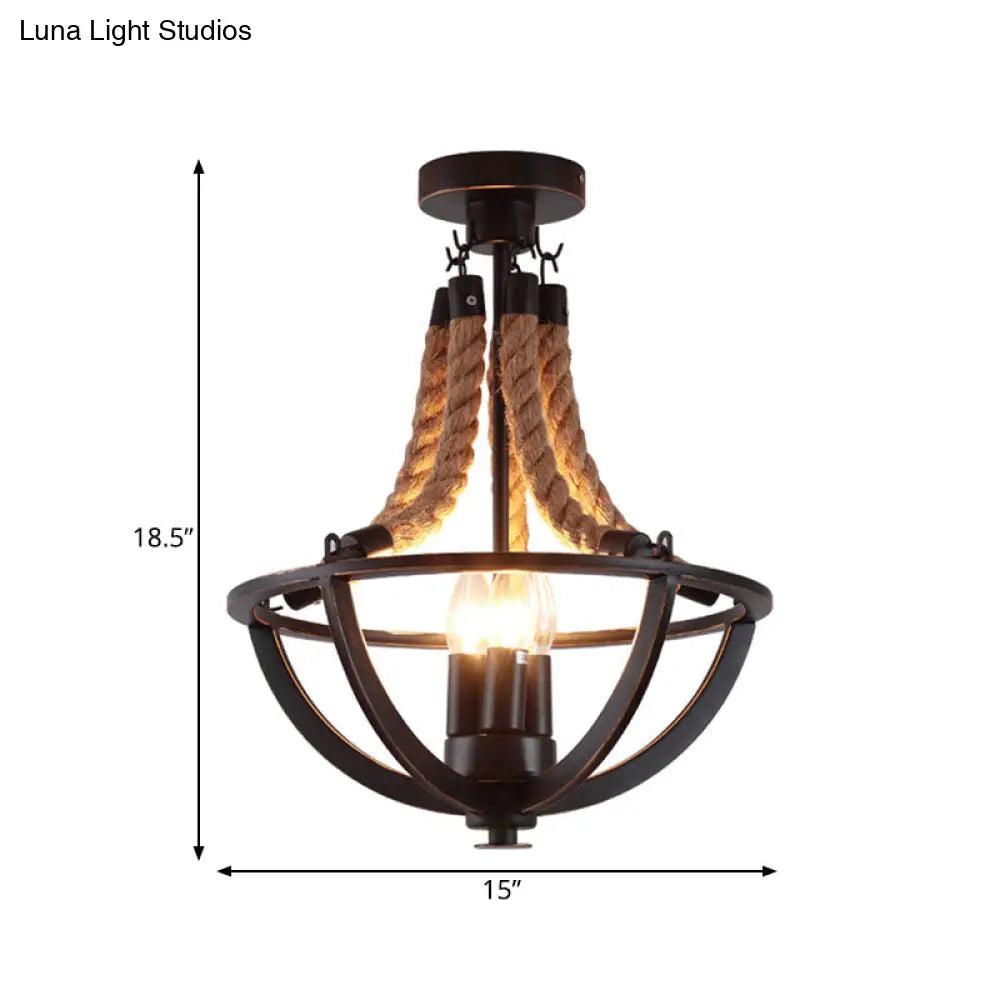 DecorBites™ DecorBites™ Farmhouse Iron Black Semi Flush Dome Cage Chandelier with 3-Bulb Ceiling Mount and Rope Cord