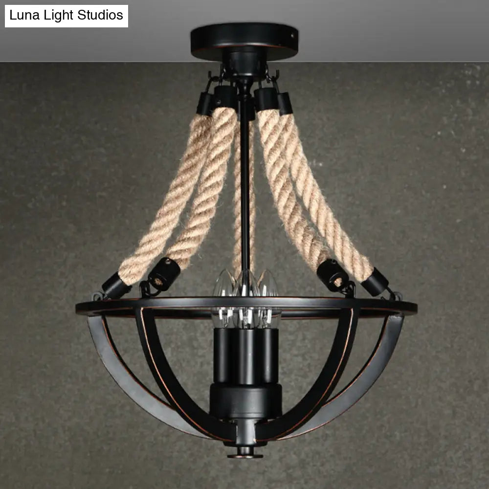 DecorBites™ DecorBites™ Farmhouse Iron Black Semi Flush Dome Cage Chandelier with 3-Bulb Ceiling Mount and Rope Cord