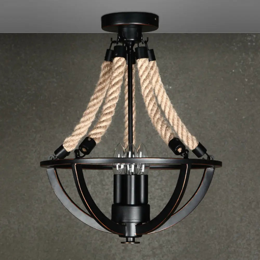 DecorBites™ DecorBites™ Farmhouse Iron Black Semi Flush Dome Cage Chandelier with 3-Bulb Ceiling Mount and Rope Cord
