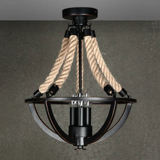 DecorBites™ DecorBites™ Farmhouse Iron Black Semi Flush Dome Cage Chandelier with 3-Bulb Ceiling Mount and Rope Cord