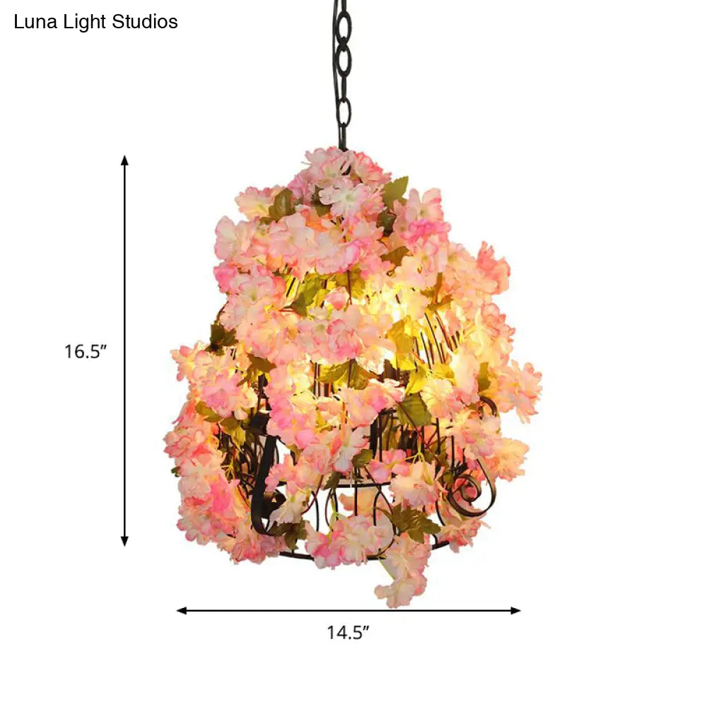 Farmhouse Iron Chandelier with Pink Cherry Blossoms and Bell Cage - 3 Bulb Pendant Light for Restaurants