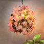 Farmhouse Iron Chandelier with Pink Cherry Blossoms and Bell Cage - 3 Bulb Pendant Light for Restaurants