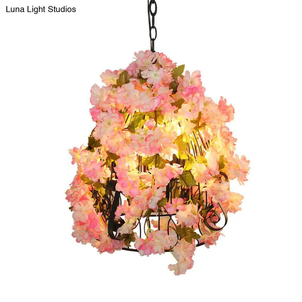 Farmhouse Iron Chandelier with Pink Cherry Blossoms and Bell Cage - 3 Bulb Pendant Light for Restaurants