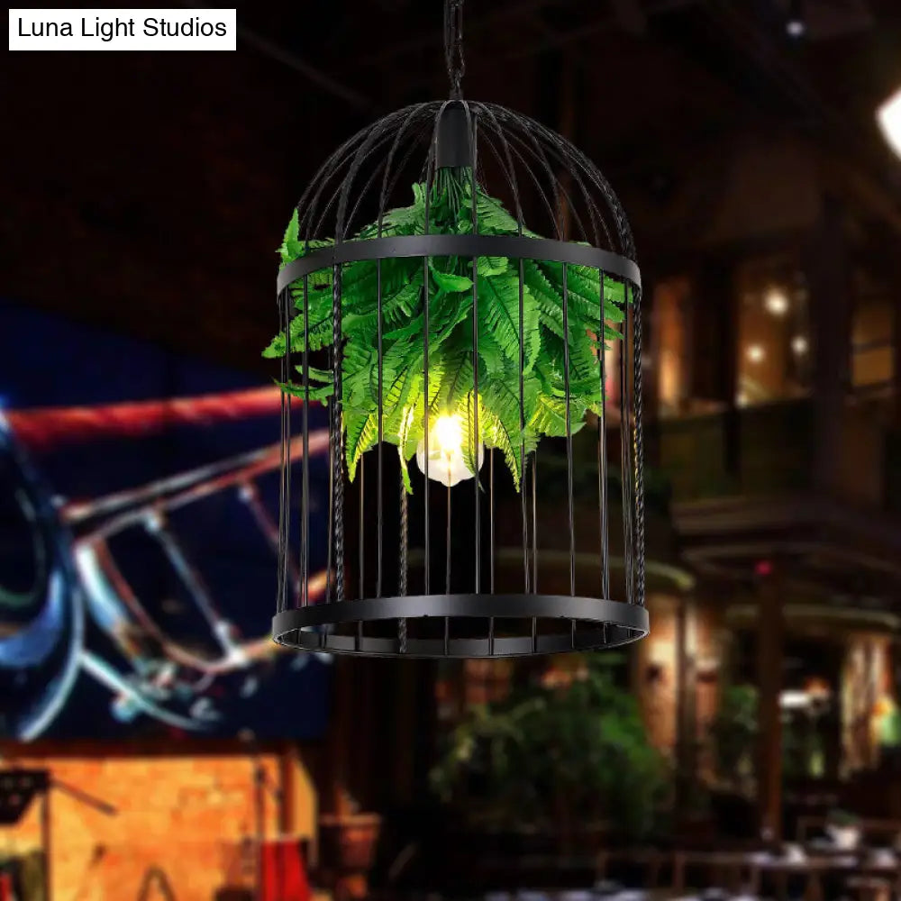 Farmhouse Iron Hanging Lamp: Black Bird Cage Pendant Light with Plant Decor