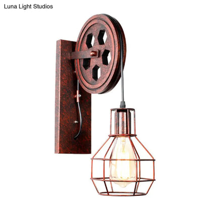 DecorBites™ Farmhouse Iron Pulley Wall Light in Rust Red - 1-Light Ball Cage Fixture