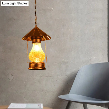 Farmhouse Lantern Pendant Lamp - Single-Bulb Crackle Glass Hanging Light - Yellow/White - for Coffee Shop