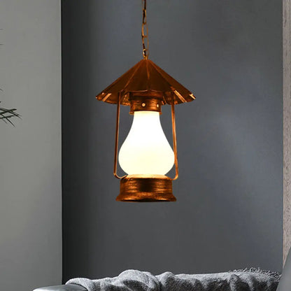 Farmhouse Lantern Pendant Lamp - Single-Bulb Crackle Glass Hanging Light - Yellow/White - for Coffee Shop