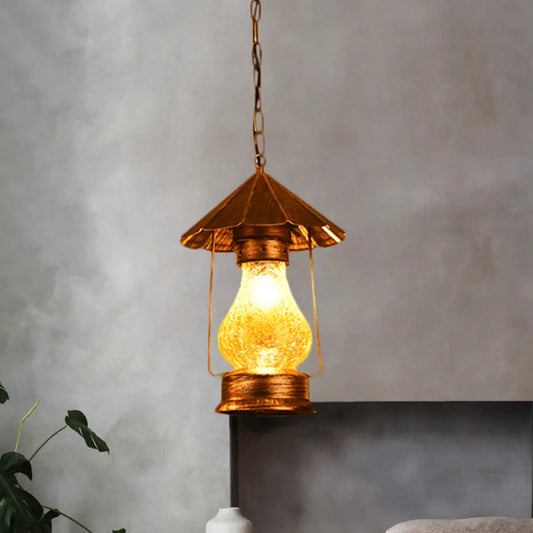 Farmhouse Lantern Pendant Lamp - Single-Bulb Crackle Glass Hanging Light - Yellow/White - for Coffee Shop