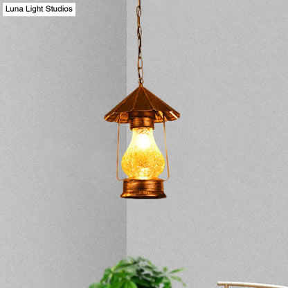 Farmhouse Lantern Pendant Lamp - Single-Bulb Crackle Glass Hanging Light - Yellow/White - for Coffee Shop