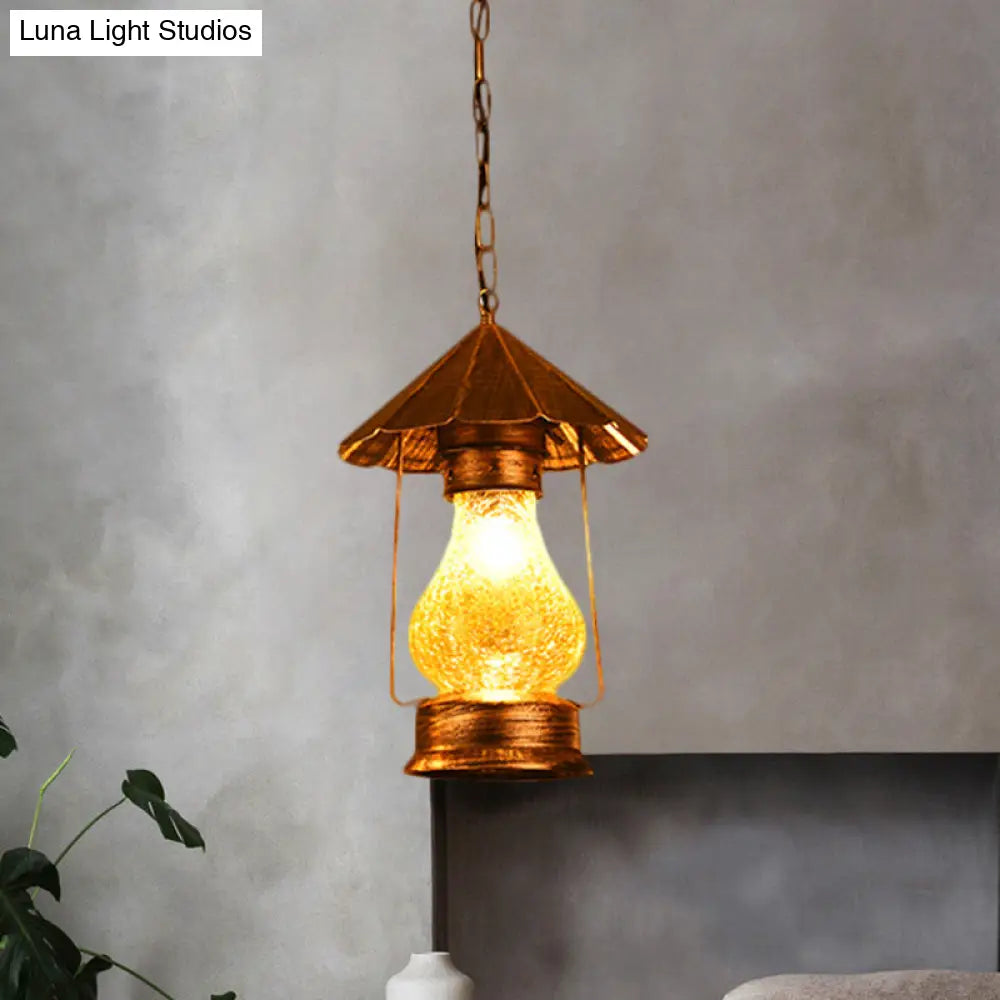 Farmhouse Lantern Pendant Lamp - Single-Bulb Crackle Glass Hanging Light - Yellow/White - for Coffee Shop