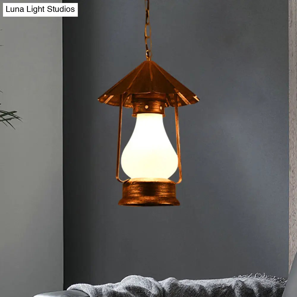 Farmhouse Lantern Pendant Lamp - Single-Bulb Crackle Glass Hanging Light - Yellow/White - for Coffee Shop