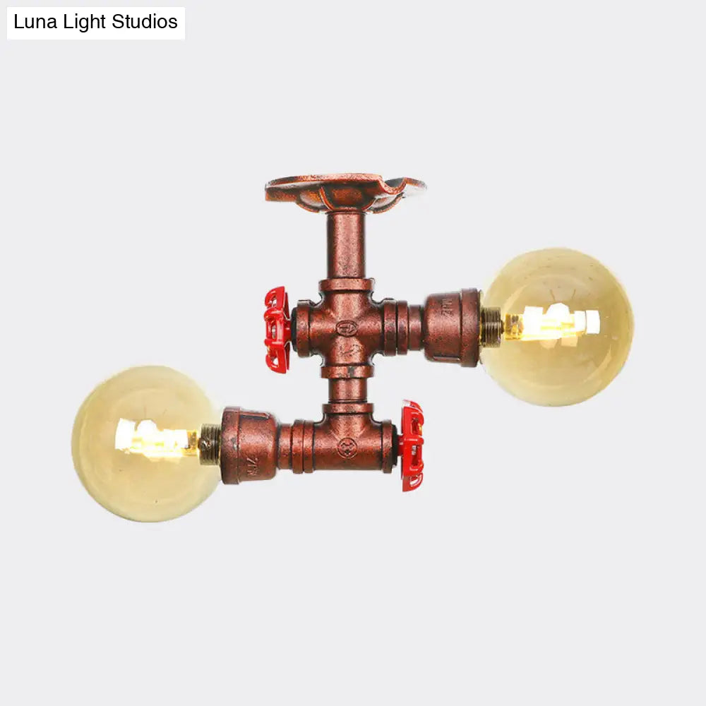DecorBites™ DecorBites™ Farmhouse LED Amber Glass Copper Flushmount Light with 2 Heads - Semi Flush Ceiling Fixture
