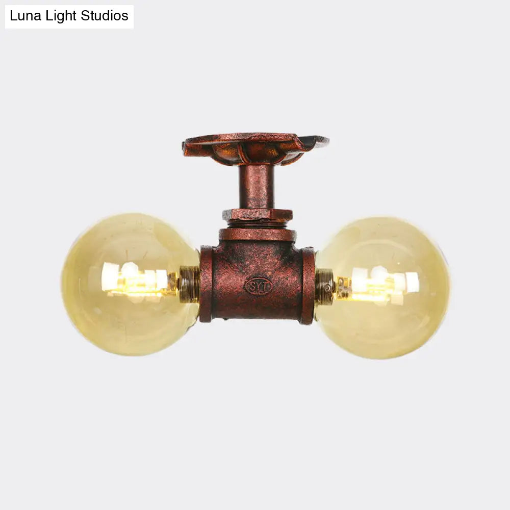 DecorBites™ DecorBites™ Farmhouse LED Amber Glass Copper Flushmount Light with 2 Heads - Semi Flush Ceiling Fixture