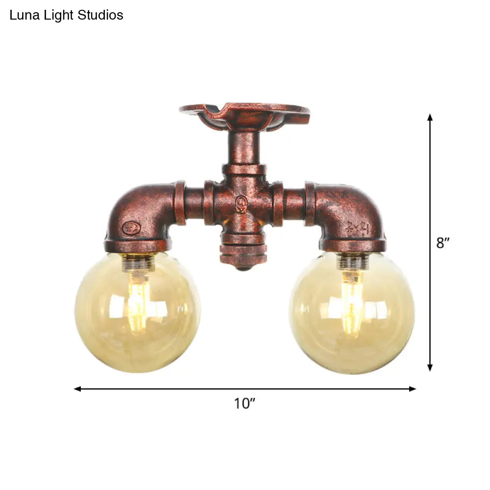 DecorBites™ DecorBites™ Farmhouse LED Amber Glass Copper Flushmount Light with 2 Heads - Semi Flush Ceiling Fixture