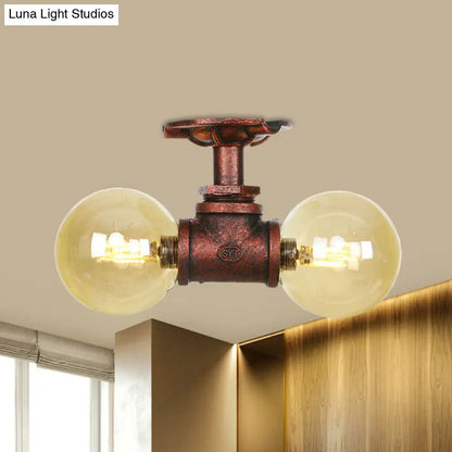 DecorBites™ DecorBites™ Farmhouse LED Amber Glass Copper Flushmount Light with 2 Heads - Semi Flush Ceiling Fixture