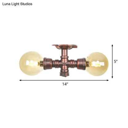 DecorBites™ DecorBites™ Farmhouse LED Amber Glass Copper Flushmount Light with 2 Heads - Semi Flush Ceiling Fixture