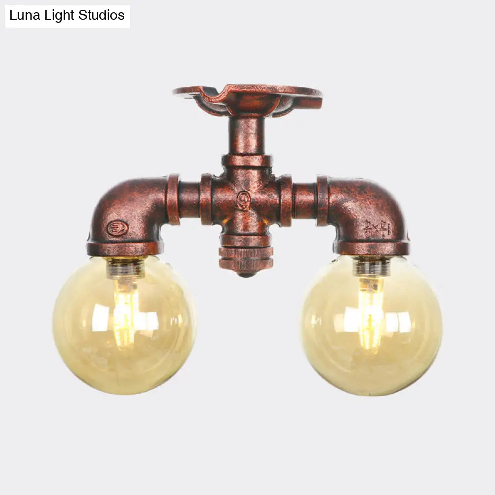 DecorBites™ DecorBites™ Farmhouse LED Amber Glass Copper Flushmount Light with 2 Heads - Semi Flush Ceiling Fixture