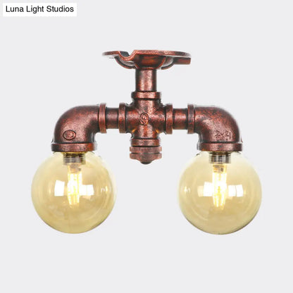 DecorBites™ DecorBites™ Farmhouse LED Amber Glass Copper Flushmount Light with 2 Heads - Semi Flush Ceiling Fixture