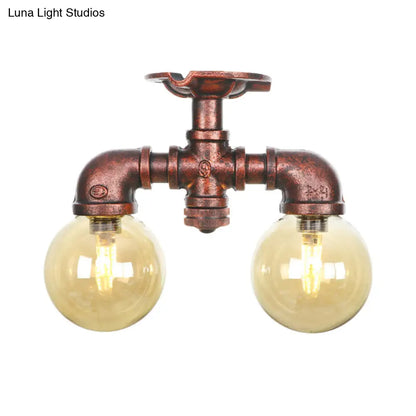 DecorBites™ DecorBites™ Farmhouse LED Amber Glass Copper Flushmount Light with 2 Heads - Semi Flush Ceiling Fixture