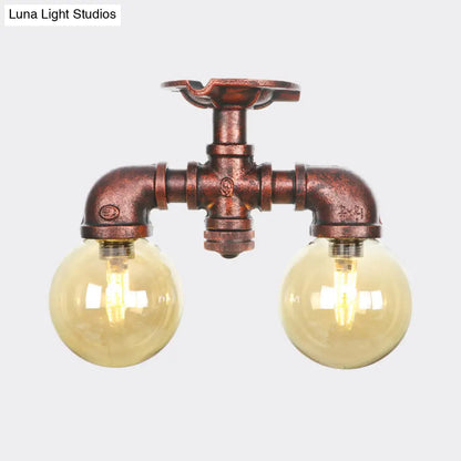 DecorBites™ DecorBites™ Farmhouse LED Amber Glass Copper Flushmount Light with 2 Heads - Semi Flush Ceiling Fixture