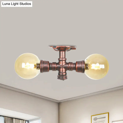 DecorBites™ DecorBites™ Farmhouse LED Amber Glass Copper Flushmount Light with 2 Heads - Semi Flush Ceiling Fixture
