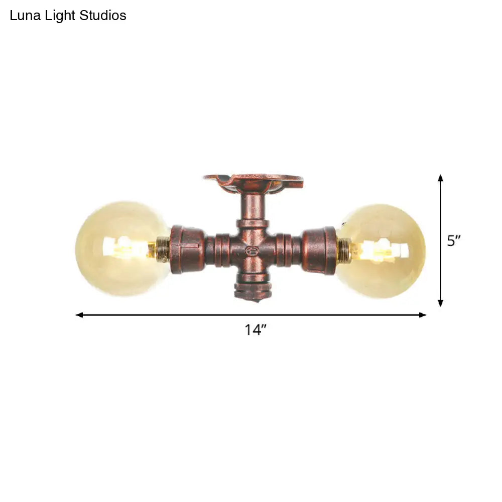 DecorBites™ DecorBites™ Farmhouse LED Amber Glass Copper Flushmount Light with 2 Heads - Semi Flush Ceiling Fixture