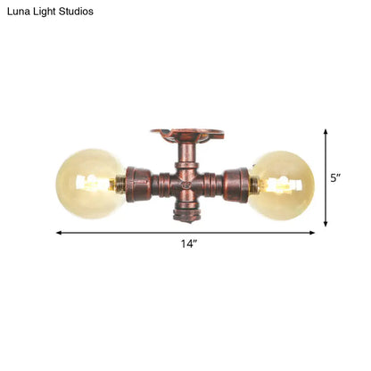 DecorBites™ DecorBites™ Farmhouse LED Amber Glass Copper Flushmount Light with 2 Heads - Semi Flush Ceiling Fixture