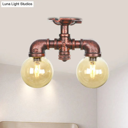 DecorBites™ DecorBites™ Farmhouse LED Amber Glass Copper Flushmount Light with 2 Heads - Semi Flush Ceiling Fixture
