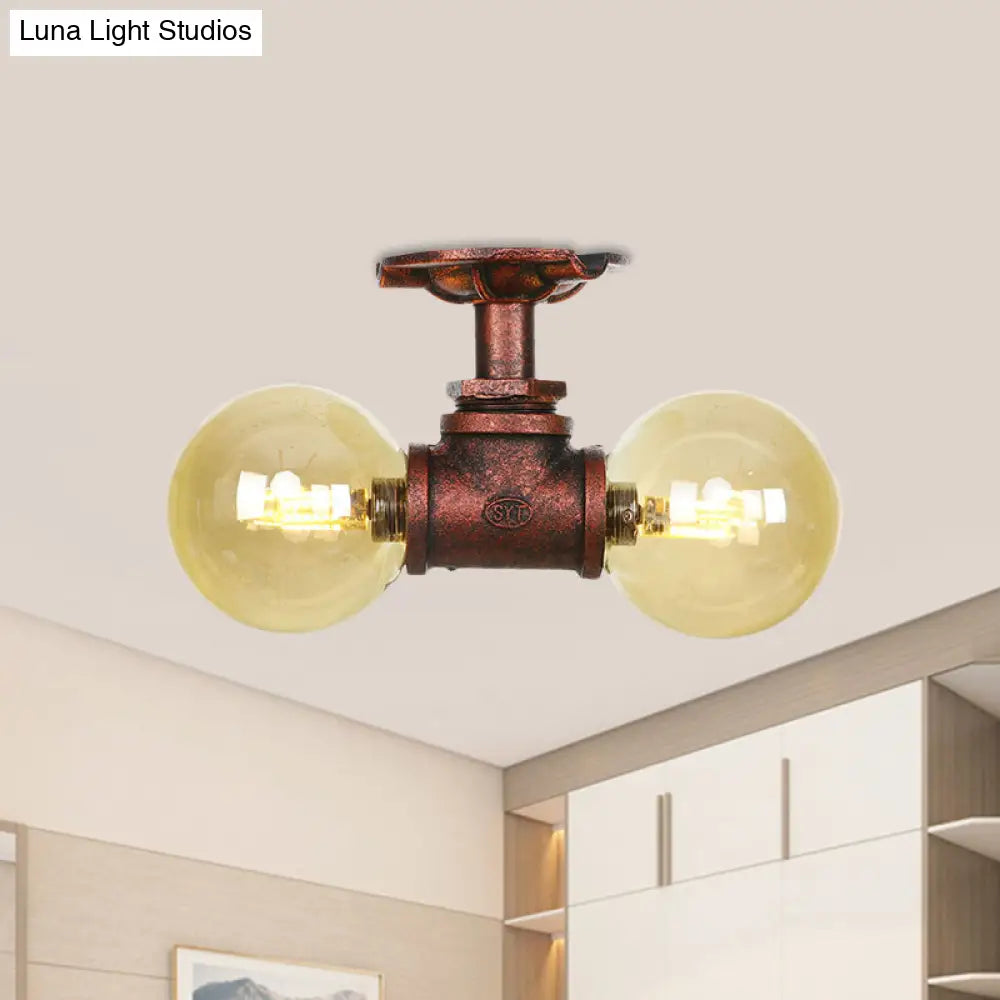DecorBites™ DecorBites™ Farmhouse LED Amber Glass Copper Flushmount Light with 2 Heads - Semi Flush Ceiling Fixture