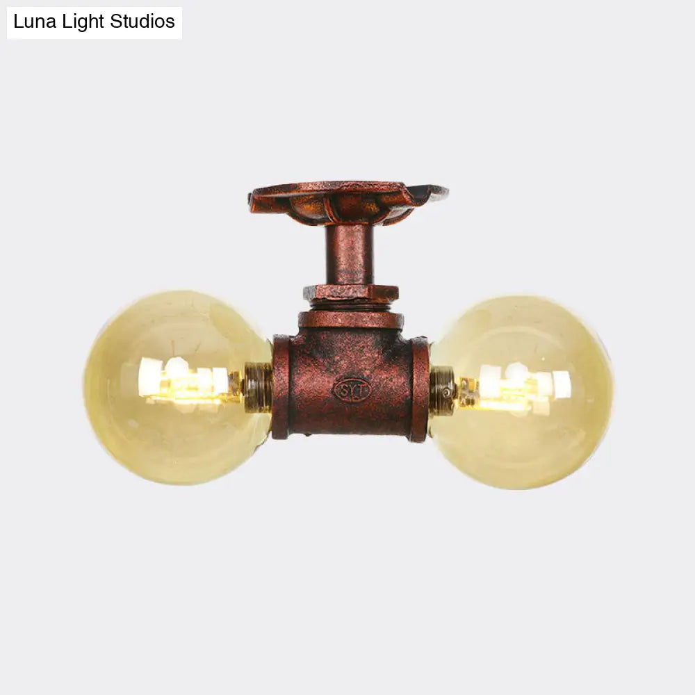 DecorBites™ DecorBites™ Farmhouse LED Amber Glass Copper Flushmount Light with 2 Heads - Semi Flush Ceiling Fixture