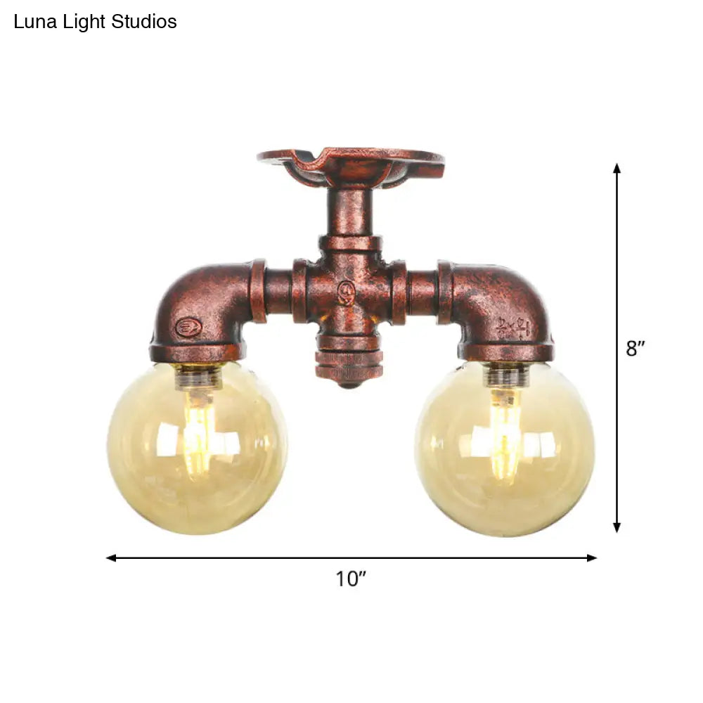 DecorBites™ DecorBites™ Farmhouse LED Amber Glass Copper Flushmount Light with 2 Heads - Semi Flush Ceiling Fixture