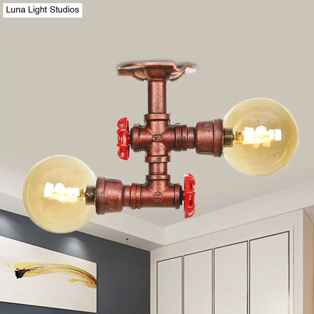 DecorBites™ DecorBites™ Farmhouse LED Amber Glass Copper Flushmount Light with 2 Heads - Semi Flush Ceiling Fixture