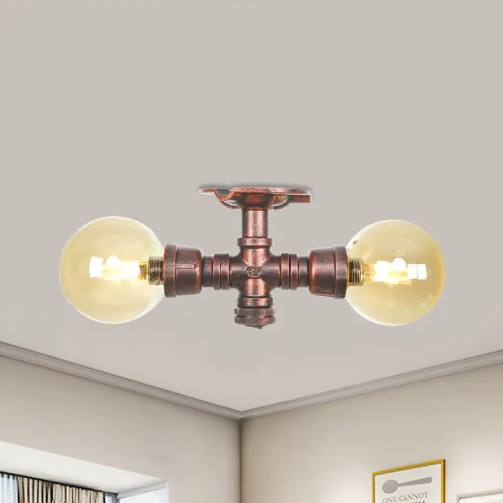 DecorBites™ DecorBites™ Farmhouse LED Amber Glass Copper Flushmount Light with 2 Heads - Semi Flush Ceiling Fixture