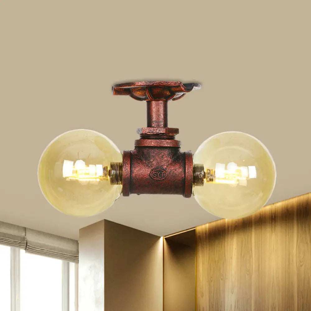 DecorBites™ DecorBites™ Farmhouse LED Amber Glass Copper Flushmount Light with 2 Heads - Semi Flush Ceiling Fixture