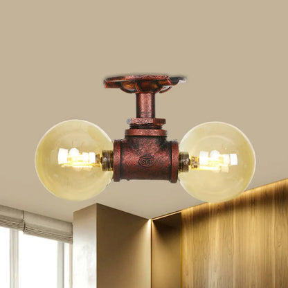 DecorBites™ DecorBites™ Farmhouse LED Amber Glass Copper Flushmount Light with 2 Heads - Semi Flush Ceiling Fixture