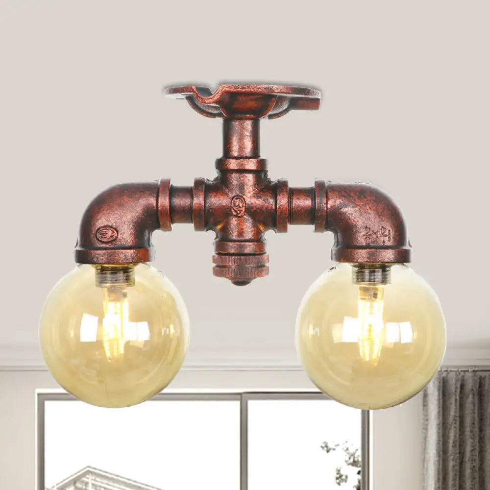 DecorBites™ DecorBites™ Farmhouse LED Amber Glass Copper Flushmount Light with 2 Heads - Semi Flush Ceiling Fixture