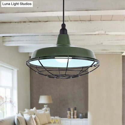 Farmhouse Metal Barn Hanging Ceiling Light - Green/Red Pendant with Wire Guard