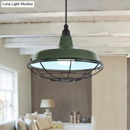 Farmhouse Metal Barn Hanging Ceiling Light - Green/Red Pendant with Wire Guard