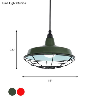 Farmhouse Metal Barn Hanging Ceiling Light - Green/Red Pendant with Wire Guard