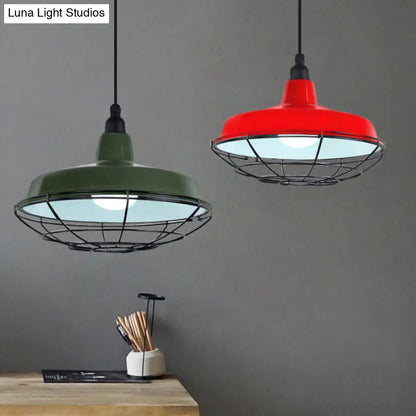 Farmhouse Metal Barn Hanging Ceiling Light - Green/Red Pendant with Wire Guard