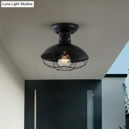 DecorBites™ DecorBites™ Farmhouse Metal Bowl Ceiling Lamp with Cage in Black - Semi Flush Mount