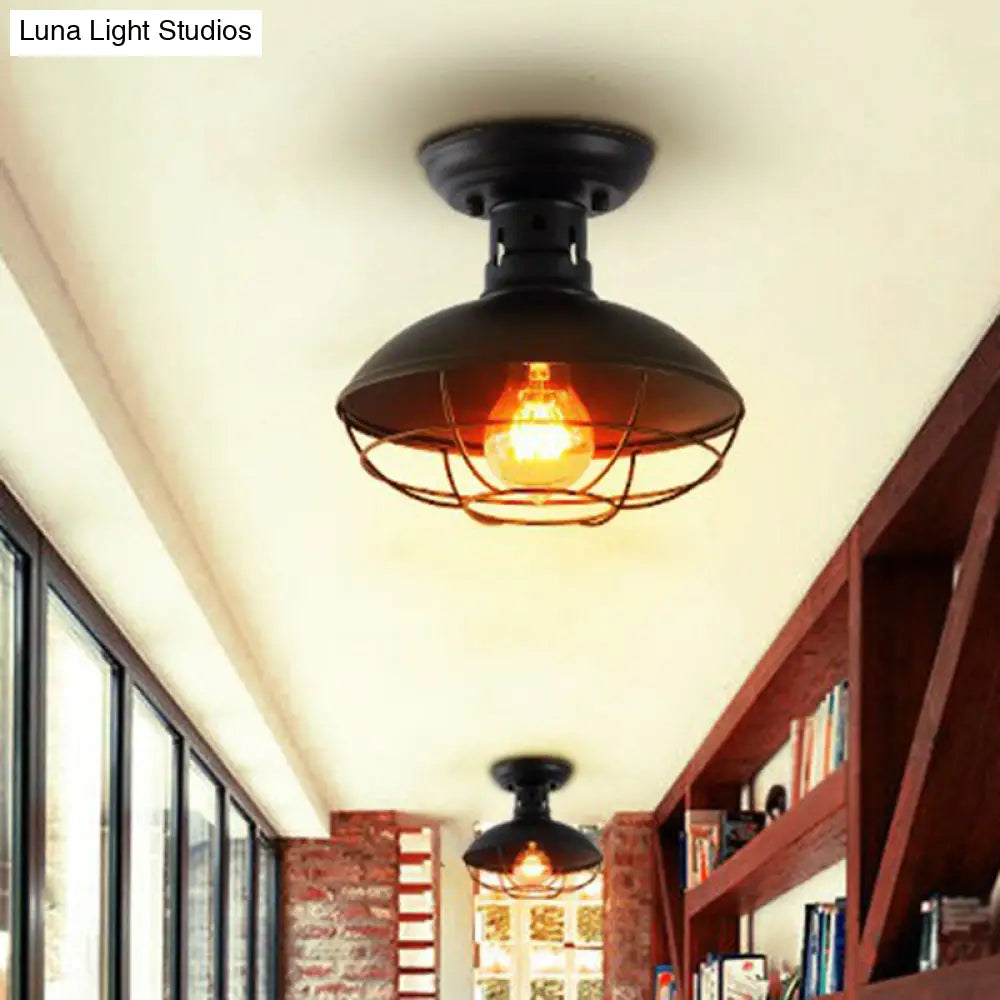 DecorBites™ DecorBites™ Farmhouse Metal Bowl Ceiling Lamp with Cage in Black - Semi Flush Mount