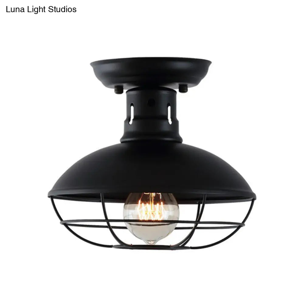 DecorBites™ DecorBites™ Farmhouse Metal Bowl Ceiling Lamp with Cage in Black - Semi Flush Mount