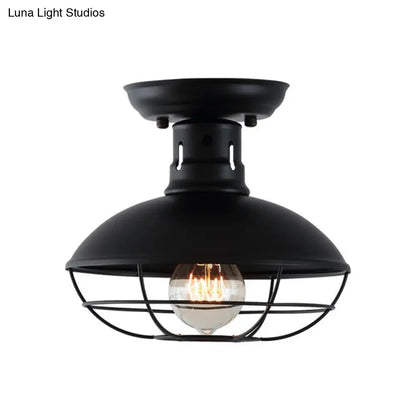 DecorBites™ DecorBites™ Farmhouse Metal Bowl Ceiling Lamp with Cage in Black - Semi Flush Mount