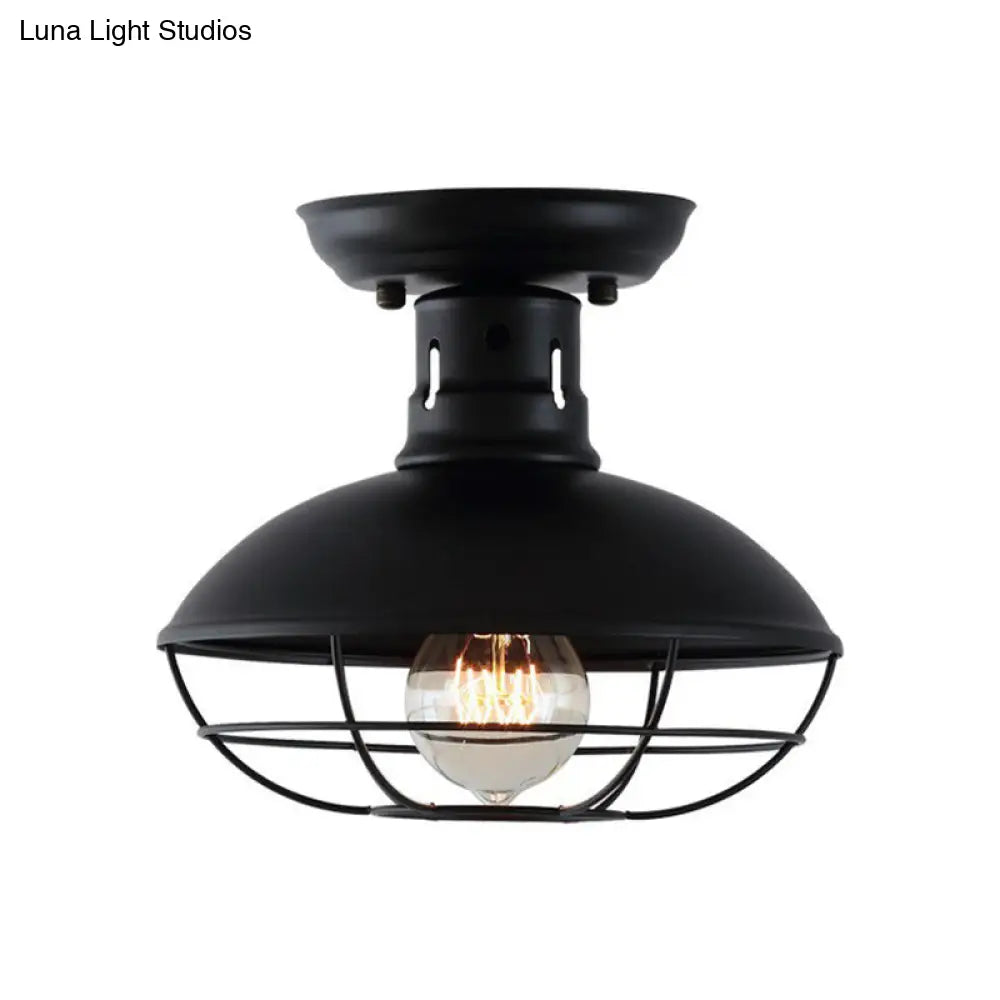 DecorBites™ DecorBites™ Farmhouse Metal Bowl Ceiling Lamp with Cage in Black - Semi Flush Mount