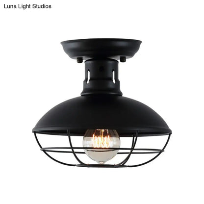 DecorBites™ DecorBites™ Farmhouse Metal Bowl Ceiling Lamp with Cage in Black - Semi Flush Mount