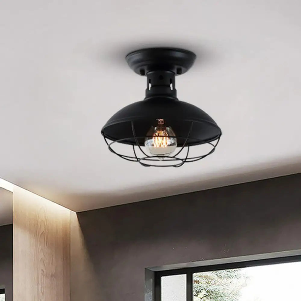 DecorBites™ DecorBites™ Farmhouse Metal Bowl Ceiling Lamp with Cage in Black - Semi Flush Mount